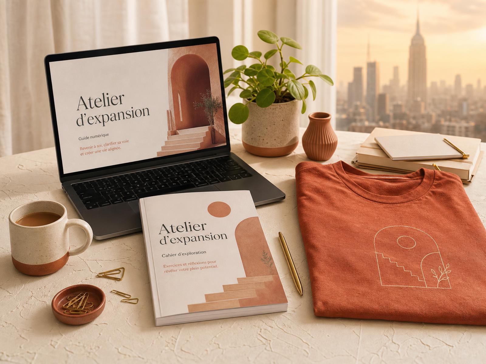 Ordinateur portable, guide imprimé et smartphone illustrant l'écosystème Atelier d'expansion